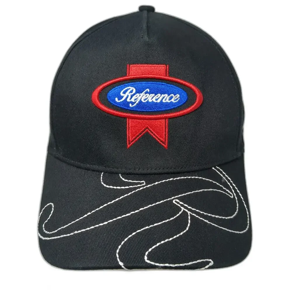 Reference 5 Panel Black Hat One Size Graphic Brim Snapback Script Embroidery